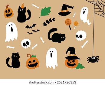 Happy halloween party invitation card with spooky pumpkin, cute black cat, ghost bat, and skull. Holidays cartoon character