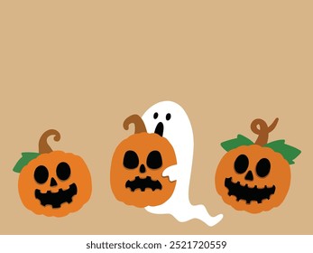 Happy halloween party invitation card with spooky pumpkin and cute ghostl. background with copy space area