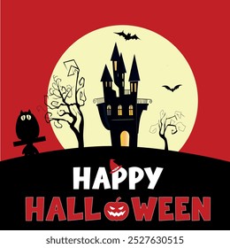 Happy Halloween Party Invitation Card Vector Illustration. Pumpkin, Owl, Bat, Moon And house.