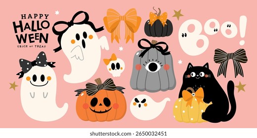 Happy halloween party invitation card with spooky pumpkin, ghost, black cat, cute bow and ribbon. Holidays cartoon character. -Vector