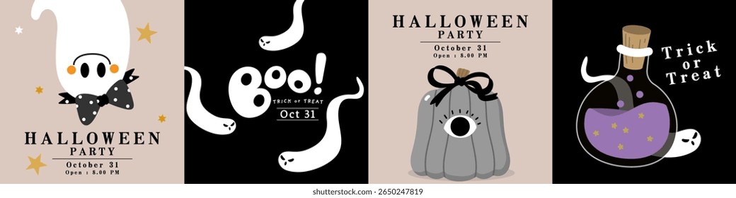 Happy halloween party invitation card with spooky pumpkin, ghost, bottle of poison, cute bow and ribbon. Holidays cartoon character. -Vector