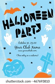 Happy Halloween Party Invitation card or poster template. Lino-cut vector elements on textured background. Isolated decorative elements: pumpkin, witch, bat, skeleton, black cat, ghost