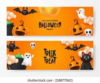 happy halloween party invitation with cute 3d ghost spirit illustration element template