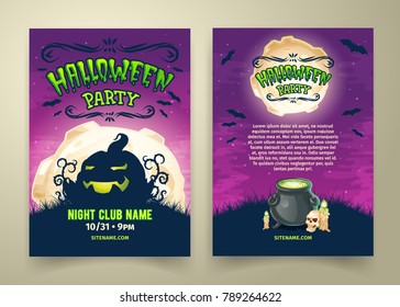 Happy Halloween party invitation or flyer vector template. Spooky cartoon night background with scary pumpkin, bats, skull, candles, pot with magical potion. Front and back sides with places for text