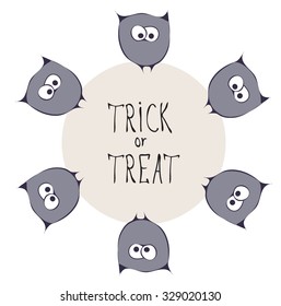 Happy halloween party invitation with funny cartoon violet owls on the white background. Card, banner, sheet, sticker and poster template. Festive design elements, Trick and treat concept.Lettering