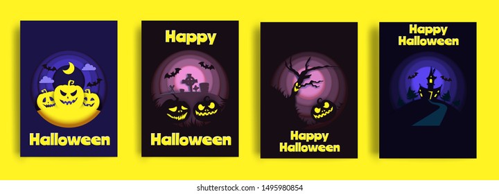 Happy Halloween party invitation greeting card set, vector illustration in paper art style. Paper cut traditional Halloween symbols scary pumpkin, haunted house, flying bats, cemetery, dead tree.