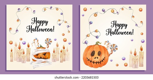 Happy Halloween party invitation or greeting card set. Vector watercolor illustrations with pumpkins, candles, sweets, garland and Happy Halloween lettering. Minimalist hand drawn postcard.