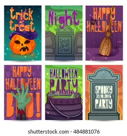 Happy Halloween party invitation, greeting card, flyer, banner, poster templates. Halloween character of zombies, pumpkin, headstone and magical witch's hat. Place for your text. Vector. 