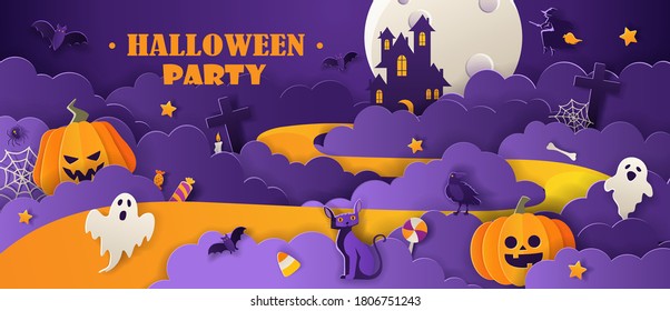 Happy Halloween party invitation with haunted house, pumpkins, ghosts, black cat, bats in paper cut style on violet background. Vector illustration. 