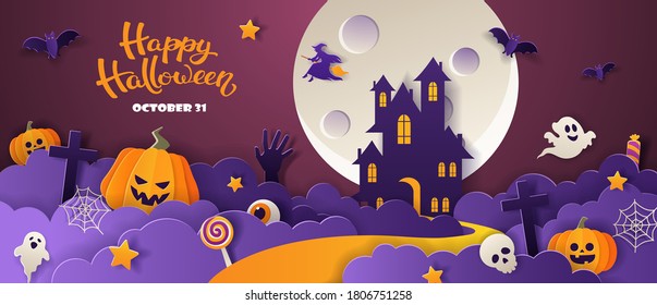 Happy Halloween party invitation with haunted house, pumpkins, ghosts, candy, bats in paper cut style on violet background. Vector illustration. 