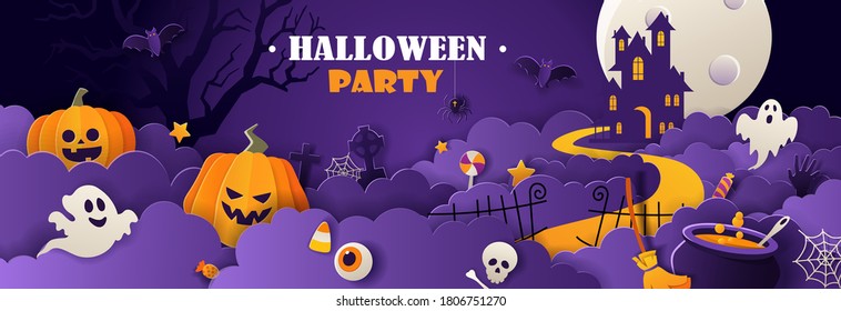 Happy Halloween party invitation with haunted house, pumpkins, ghosts, candy, bats in paper cut style on violet background. Vector illustration. 