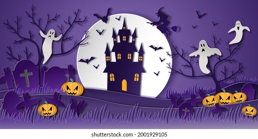 Happy Halloween party invitation with haunted house, pumpkins, ghosts,witch, bats in paper cut style on violet background. Vector illustration.