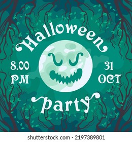 Happy Halloween. Party invitation, moon with scary face in cartoon style. Bare branches without leaves, night cloudy sky. vintage lettering. For frame, template, postcards, banners, flyer
