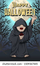 Happy Halloween party invitation postcard template. Moon light and leafless trees with Cartoon Character Human Necromancer or Warlock in Black Robe Cast Spell. Colorful Vector Illustration