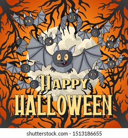 Happy Halloween party invitation postcard template. Cartoon Character Vampire Bats flying swarm on Moon light and leafless trees background. Colorful Vector Illustration