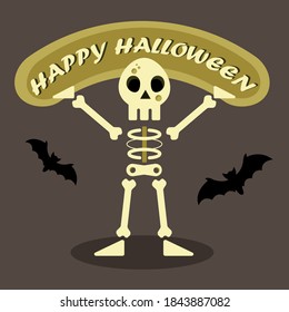 Happy Halloween party invitation postcard template. Cartoon Character Human Skeleton