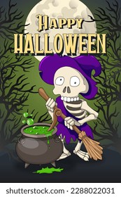 Happy Halloween party invitation postcard template. Cartoon Character Undead Human Skeleton Hag in Violet Robe and Witch Hat on Green Background. Colorful Vector Illustration