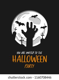 Happy Halloween party invitation, poster in paper cut concept, background, vector illustration