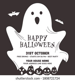 Happy Halloween Party Invitation, Poster Design with Ghost, Bats Flying and Spooky Pumpkins on Grey Background.