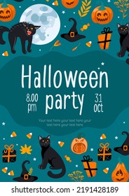 Happy Halloween. Party invitation with Pumpkin jack-o-lantern, Black cat, full moon, witch hat, gifts, candy. In cartoon style. Vintage lettering. For frame, template, postcards, banners, flyer.