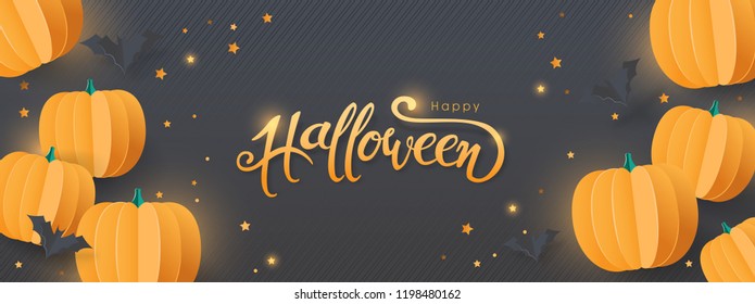 Happy Halloween party invitation or sale banners background with paper bats and pumpkins.Vector illustration .Calligraphy of "halloween"