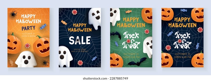 Happy Halloween Party invitation set. Poster backgrounds with pumpkin, ghost, bat and candy. Vector template for sale, discount, website, social media, invitation, greeting card, brochure, flyer.