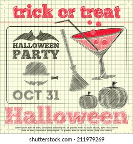 Happy Halloween Party Invitation in Sketch Style. Vector Illustration.