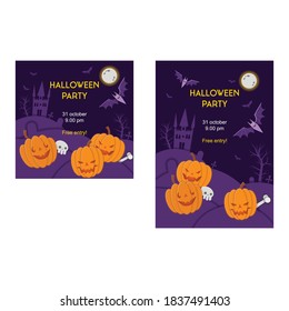 Happy Halloween Party Invitation. Smiling Pumpkins. Instagram Halloween Post. Cute And Happy.