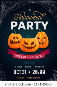 Happy Halloween  party invitation with spider web and pumpkins. Happy Halloween  spooky card. Vector illustration. 