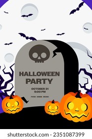 Happy halloween party invitation template design background decorative with pumpkin and grave at night scenery flat design style, vector illustration