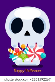 Happy halloween party invitation template design background decorative with skull and candy flat design style. Design element for poster, banner, leaflet, flyer, vector illustration