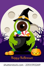 Happy halloween party invitation template design background decorative with cute monster and candy flat design style. Design element for poster, banner, leaflet, flyer, vector illustration
