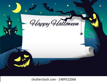 Happy Halloween party invitation, vector illustration in paper art style. Night background with crescent moon, scary pumpkin, haunted house, flying bats, cemetery with graves and dead tree.