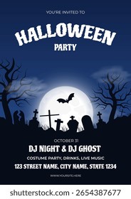 Happy Halloween party invitation vertical banner. Holiday event card for holiday template with bat, tree, moon, graveyard flat style dark blue background. Vector illustration