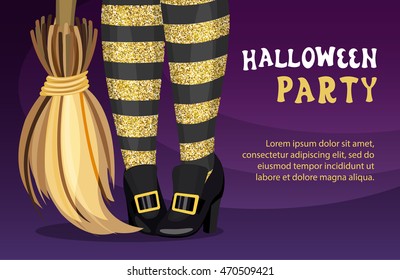 Happy Halloween - party invitation with witch legs in striped stockings and broom