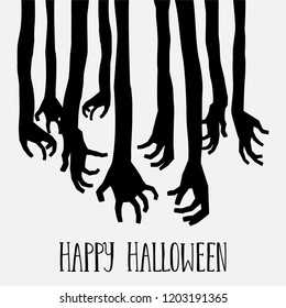 Happy halloween party invitations or greeting cards. Vector pattern zombie arms