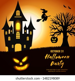 Happy Halloween party invitations or greeting cards with pumpkins and dark castle on orange yellow background.  Halloween lettering and traditional symbols. Vector illustration