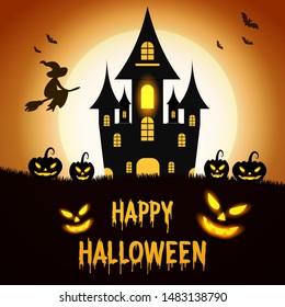 Happy Halloween party invitations or greeting cards with pumpkins and dark castle. Halloween lettering and traditional symbols. Vector illustration