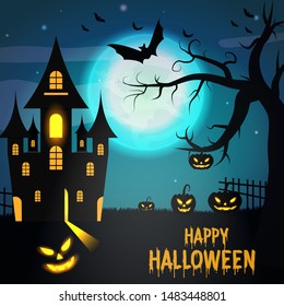 Happy Halloween party invitations or greeting cards with pumpkins and dark castle on blue Moon background.  Halloween lettering and traditional symbols. Vector illustration