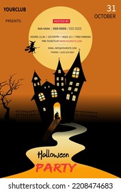 Happy Halloween party invitations, greeting cards, or posters with a moon night and castle. Design template for advertising, web, social media. Paper cut style. Vector illustration.