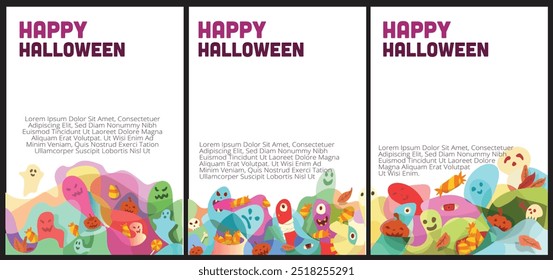 Happy Halloween party invitations, greeting cards, or posters template set with blank space for text placement. abtract monster hand drawn background for halloween illustration.