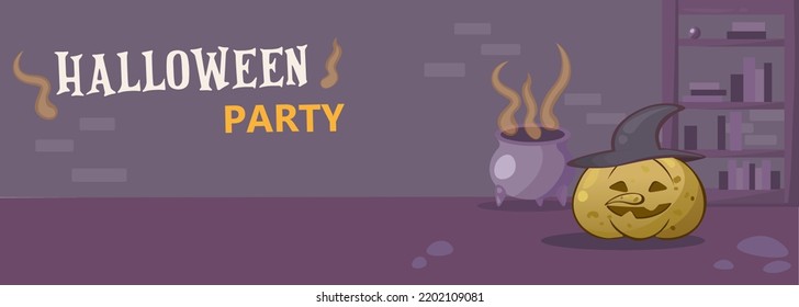 Happy Halloween Party Invite Or Greeting Postcard. Halloween Pumpkin Like A Witch With Magic Cauldron For Your Halloween Background, Game Location, Postcard, Poster, Invite, Banner Or Stickers.