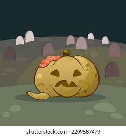 Happy Halloween Party Invite Or Greeting Card. Halloween Pumpkin Like A Zombie On Graveyard For Your Halloween Background, Game Location, Postcard, Poster, Invite, Banner Or Stickers