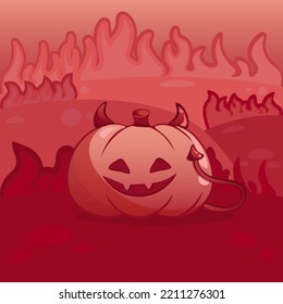 Happy Halloween Party Invite Or Greeting Card. Halloween Pumpkin Like A Devil On Hell With Red Fire For Your Halloween Background, Game Location, Postcard, Poster, Invite, Banner Or Sticker