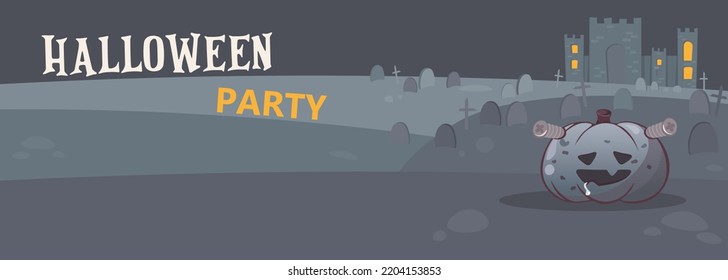 Happy Halloween party invite. Halloween pumpkin like a Frankenstein's Monster on graveyard with castle for your Halloween background, game location, postcard, poster, invite, banner or stickers.