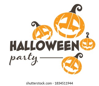 Happy halloween party, isolated banner with calligraphic inscription and pumpkins with carved face. Celebration of traditional holiday in autumn, jack o lantern and text, seasonal event vector