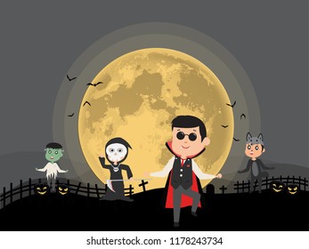 Happy Halloween Party. kids in halloween costume in moon