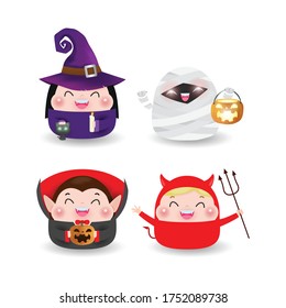 Happy Halloween Party Kids Costume. Group of children in Halloween cosplay. set of Happy Halloween party isolated on white background Vector Illustration