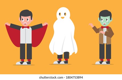 Happy Halloween Party Kids Costume. Group of children in Halloween cosplay. Template for advertising brochure. Happy Halloween party poster and template design bokeh background Vector Illustration
