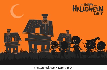 Happy halloween party with kids wearing halloween costume for trick or treat on village background. Vector design for invitation card, greeting card, poster and banner halloween celebration event